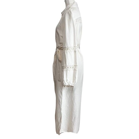 NWT CAROLINE CONSTAS IVORY WHITE LINEN BLEND EMBROIDERED BELTED MAXI SHIRT DRESS - Picture 2 of 13